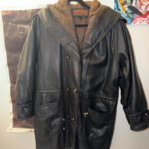Vintage 80s Black Leather Hooded Coat